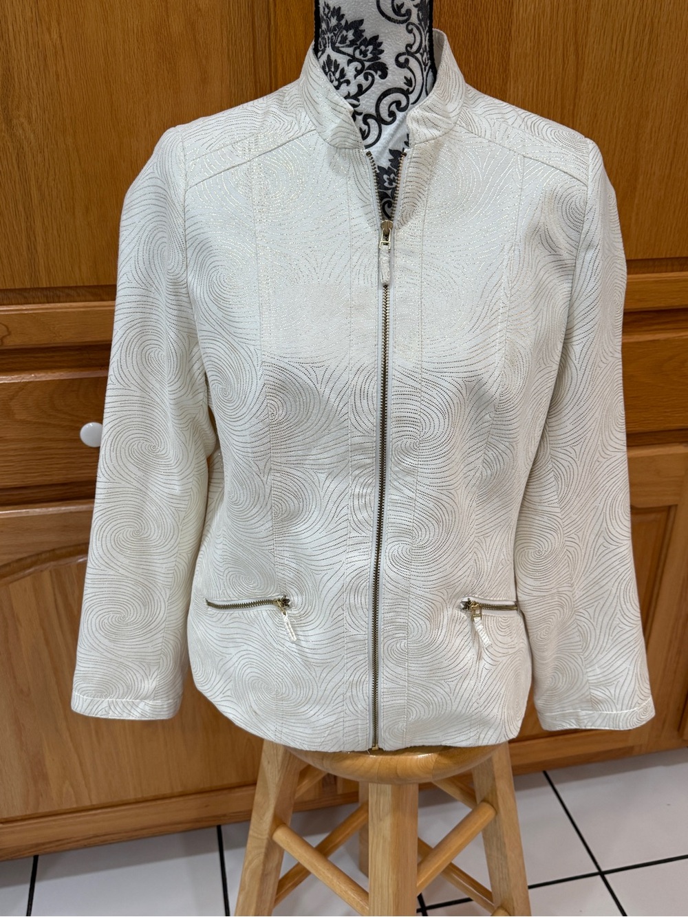 Vintage Y2K TanJay Ivory Gold Metallic Swirl Zip Jacket L